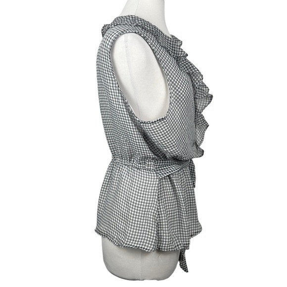MAX Studio Surplice Wrap Ruffle Trim Sleeveless Blouse Gingham Poly Chiffon - Picture 6 of 9